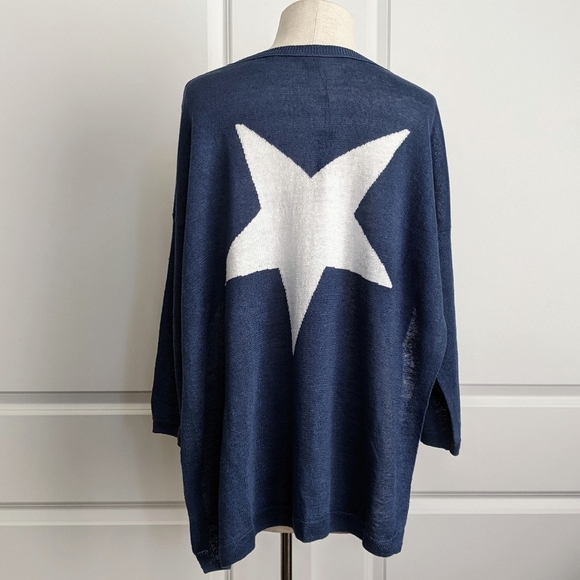 360 Sweater 100% Linen Lightweight Woven Star 3/4 Sleeve Blue White Star M NWT - Picture 7 of 16